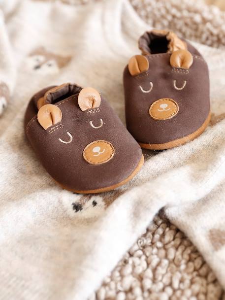 Chaussons élastiqués en cuir souple bébé lot marron+marron imprimé+vert imprimé 