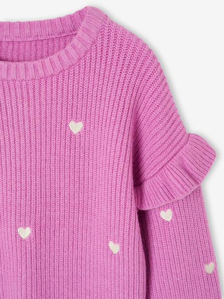Pull fille brodé manches volantées écru+mauve+rayé marine+rouge 