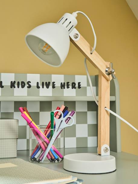 Kinderzimmer Gelenk-Tischlampe aus Holz und Metall rosa+weiß 