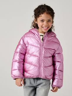 Mädchen-Mantel, Jacke-Daunenjacke-Glänzende Mädchen Light-Steppjacke mit Kapuze, Recycling-Polyester