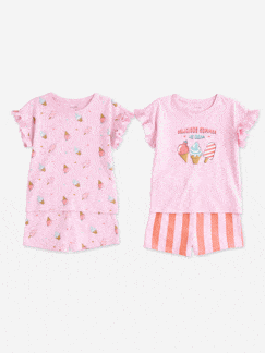 Mädchen-Pyjama, Overall-2er-Pack kurze Schlafanzüge Eis-Motive Mädchen, Recycling-Baumwolle