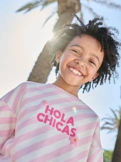 Mädchen-Pullover, Strickjacke, Sweatshirt-Sweatshirt-Gestreiftes Sweatshirt mit Schrift HOLA CHICAS Mädchen