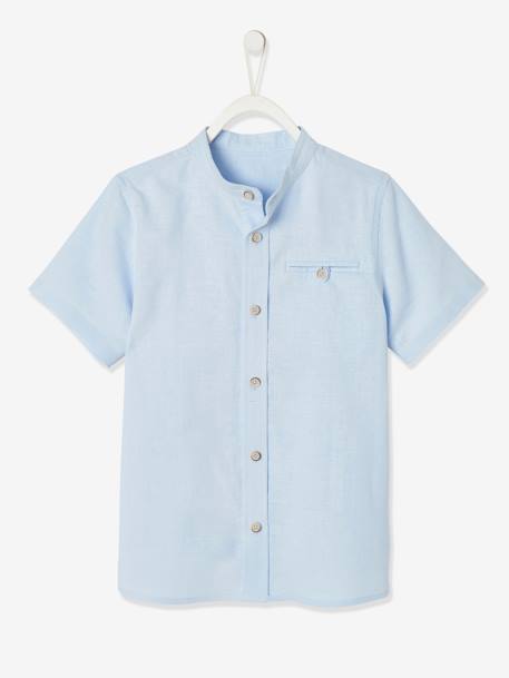 Chemise col Mao garçon en coton/ lin manches courtes blanc+bleu ciel 