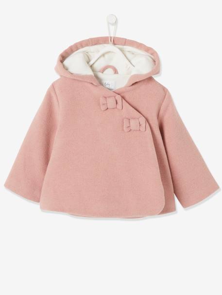Manteau à capuche bébé fille lainage doublé et ouatiné Gris clair chiné+vieux rose 