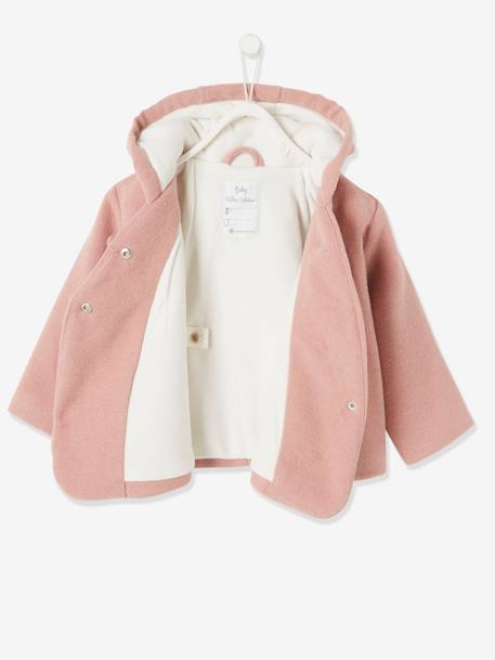 Manteau à capuche bébé fille lainage doublé et ouatiné Gris clair chiné+vieux rose 