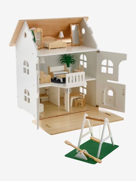 Puppenhaus mit Zubehör aus Holz FSC®-zertifiziert WEISS/NATUR 