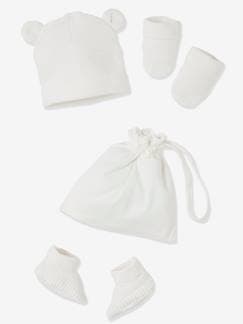 Hiver-Bébé-Accessoires-Bonnet, écharpe, gants-Ensemble bonnet, moufles et chaussons bébé naissance et son sac assorti