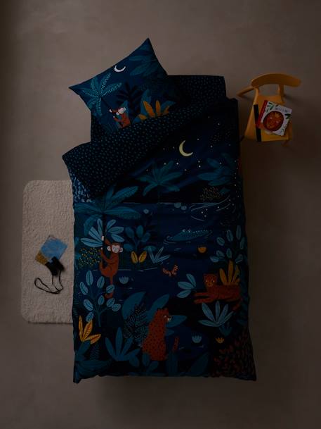 Parure fourre de duvet + taie d'oreiller enfant JUNGLE NIGHT bleu/multicolore 