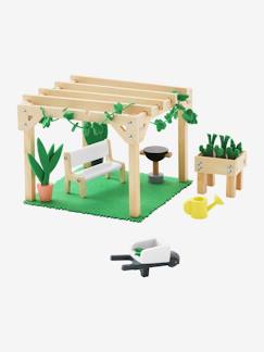 Spielzeug-Babypuppen und Puppen-Terrasse/Gartenlaube zum Puppenhaus "Freunde"