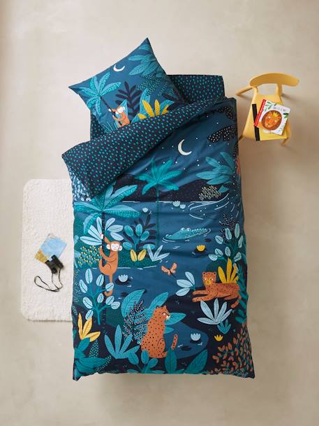 Drap-housse enfant JUNGLE NIGHT marine / vert 