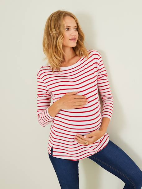 T-shirt marinière de grossesse et d'allaitement blanc rayé rouge 
