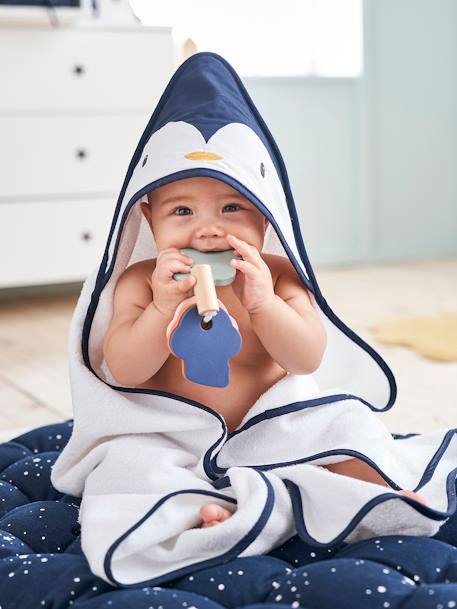 Set aus Kapuzenbadetuch & Waschhandschuh „Pinguin“ WEISS/ BLAU 