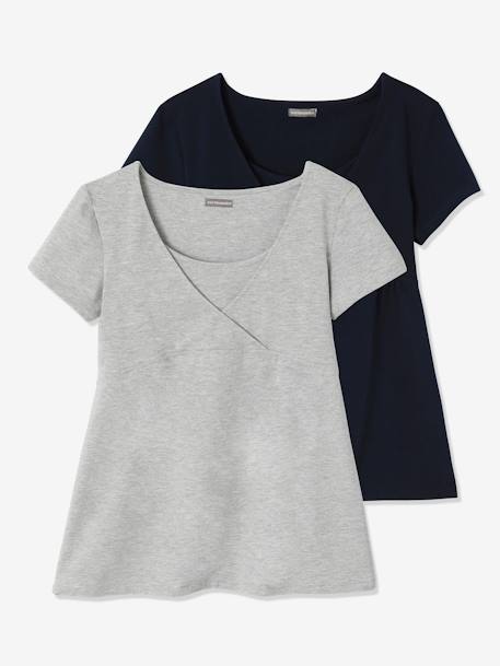 Lot de 2 T-shirts cache-coeur grossesse et allaitement Lot marine/gris+Lot noir/blanc+Lot noir/rose pâle 