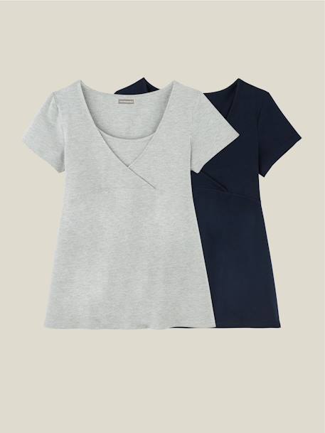 Lot de 2 T-shirts cache-coeur grossesse et allaitement Lot marine/gris+Lot noir/blanc+Lot noir/rose pâle 