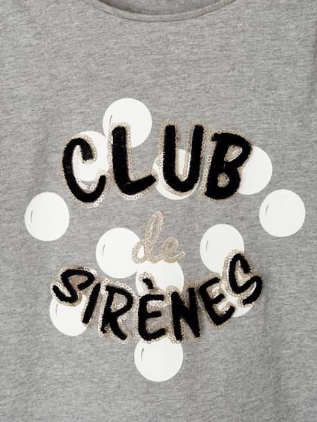 T-shirt fille 'club des sirènes' détails fantaisie manches longues gris clair chiné 