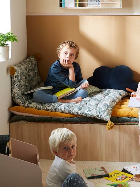 Kinderzimmer Bodenmatratze PANDAFREUNDE mit Quasten wollweiß/grün bedruckt blätter 