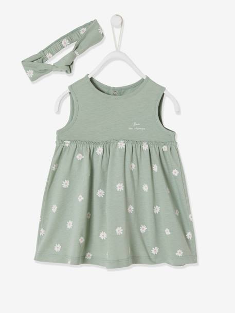 Kleid mit Haarband für Mädchen Baby graugrün bedruckt+pudrig rosa+wollweiß 