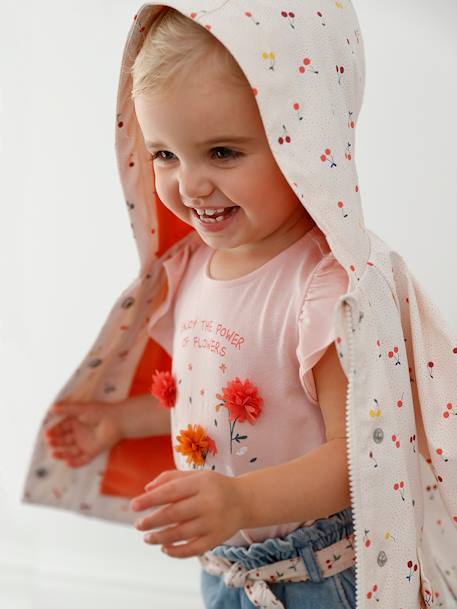 Mädchen Baby T-Shirt, 3D-Blumen GRAUROSA BEDRUCKT+wollweiß 