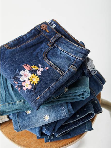 Bestickte Mädchen Slim-Fit-Jeans „waterless“, Hüftweite REGULAR DUNKELBLAU 