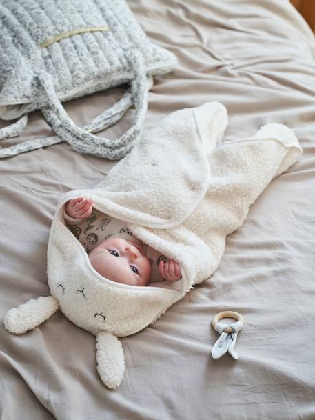 Plaid chancelière bébé en peluche, doublé jersey ivoire+ourson 