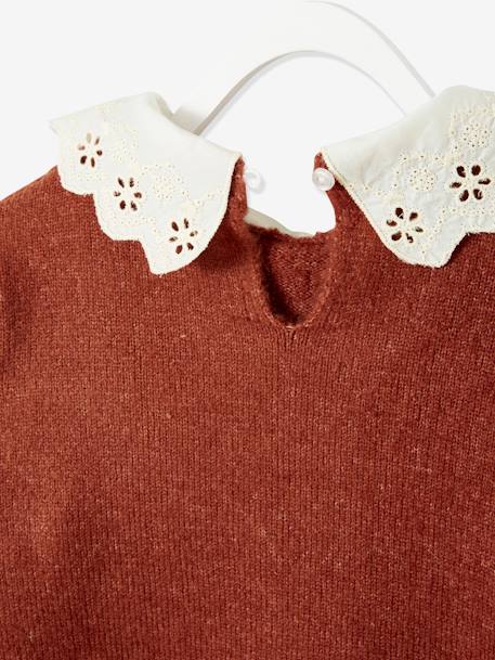 Pull fille col en broderie anglaise cacao 