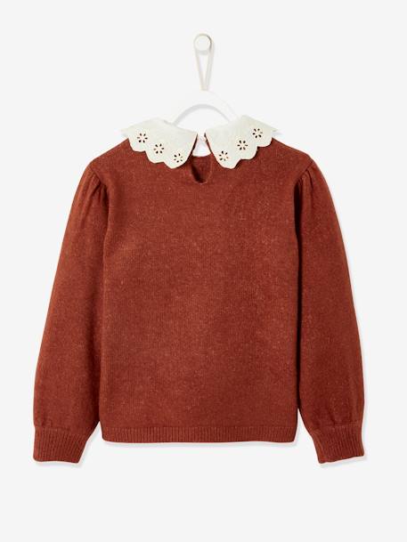 Pull fille col en broderie anglaise cacao 