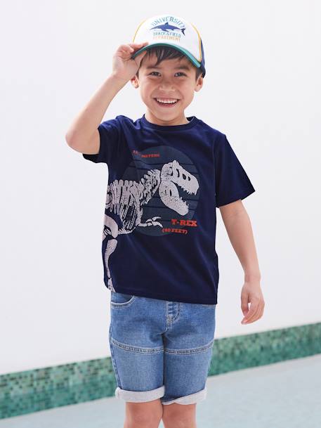 T-shirt motif dinosaure géant garçon dark bleu indigo+menthe 