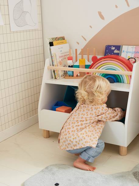 Meuble de rangement mixte étagère + bacs LIGNE PTILOU blanc/bois 