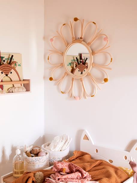 Kinderzimmer Spiegel aus Rattan mit Pompons NATURFARBEN 