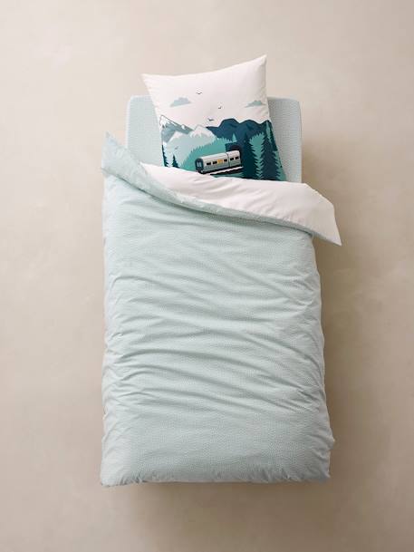 Parure Fourre de duvet + taie d'oreiller enfant SUR LES RAILS vert 