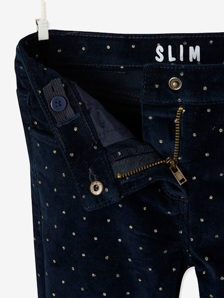 Mädchen Slim-Fit-Cordhose, Hüftweite COMFORT, Glanztupfen khaki bedruckt+marine bedruckt 