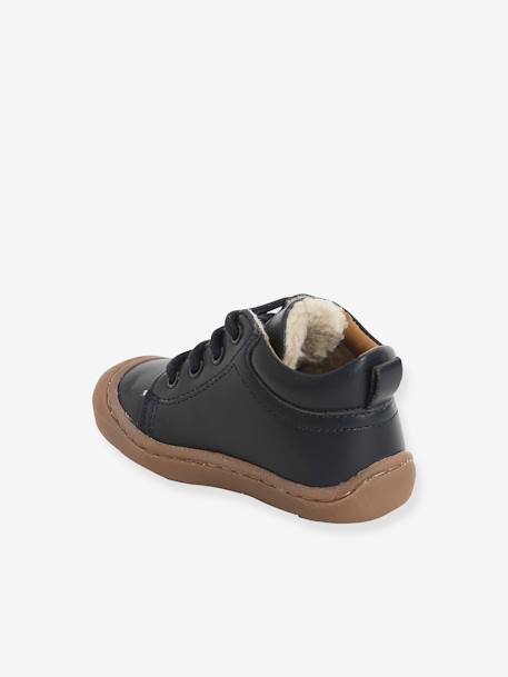 Bottillons fourrés cuir souple bébé garçon 4 pattes marine 