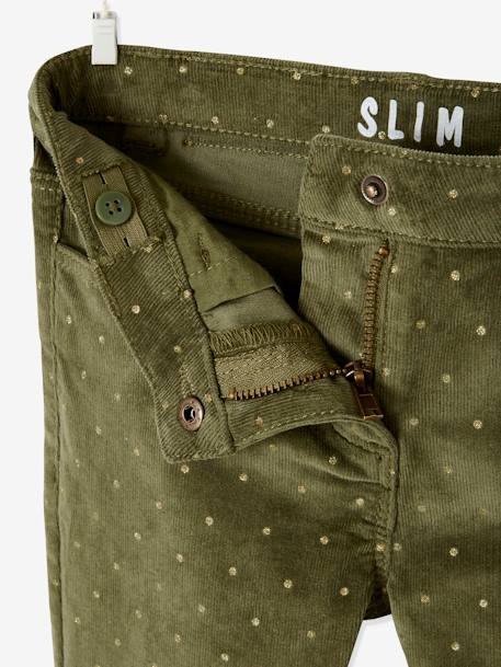 Mädchen Slim-Fit-Cordhose, Hüftweite COMFORT, Glanztupfen khaki bedruckt+marine bedruckt 