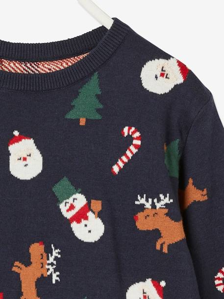 Jungen Weihnachts-Pullover, Jacquard-Motive DUNKELBLAU 