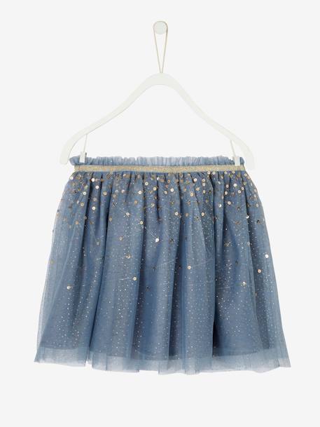 Jupon de fête en tulle parsemé de sequins et paillettes bleu canard clair+vert 