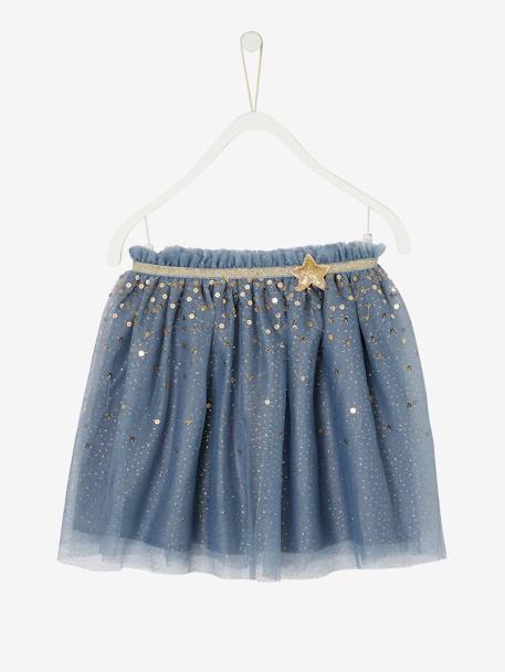 Jupon de fête en tulle parsemé de sequins et paillettes bleu canard clair+vert 