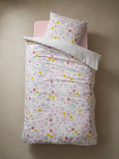 Parure fourre de duvet + taie d'oreiller enfant polycoton FLOR'AILES BLANC IMPRIME 