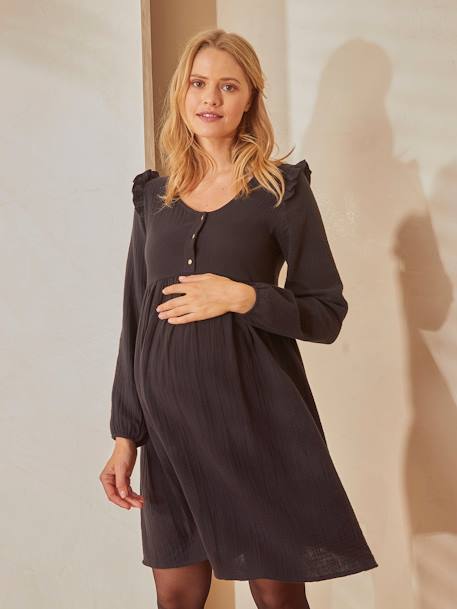 Kurzes Kleid für Schwangerschaft & Stillzeit, Musselin HASELNUSS+SCHWARZ 