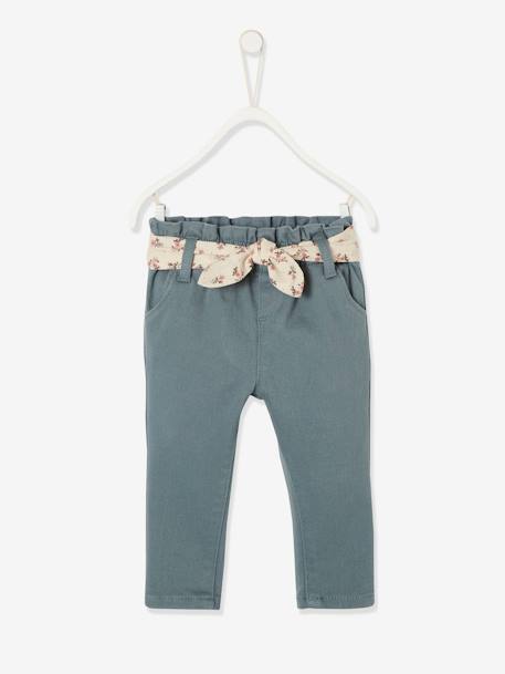 Pantalon avec ceinture en tissu bébé vert grisé+vieux rose 