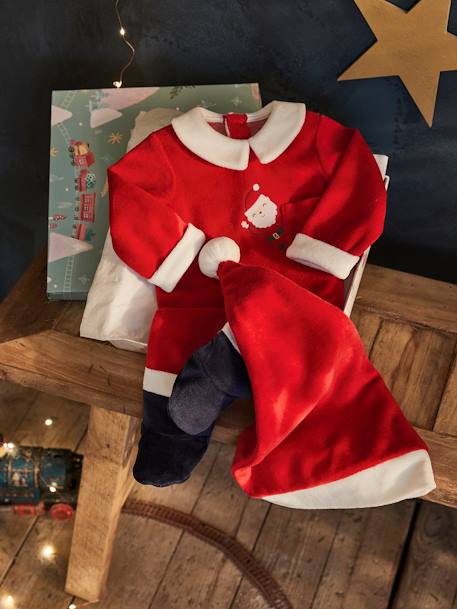 Coffret cadeau de Noël bébé dors-bien en velours + bonnet rouge brique 