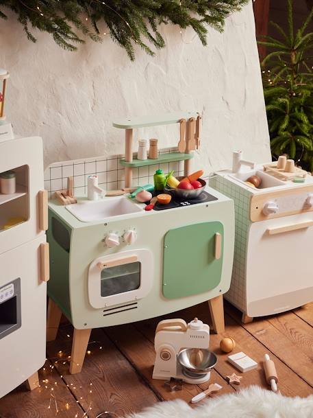 Schicke Kinder Spielküche aus Holz FSC® grün/natur+karamell+rosa/natur 