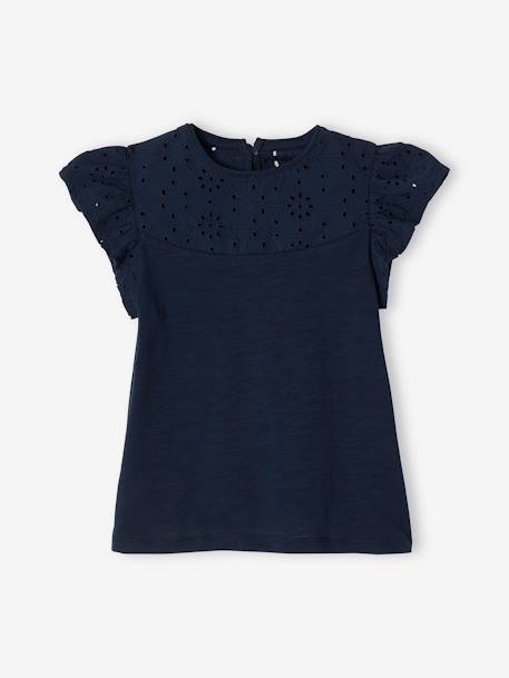 T-shirt fille avec détails broderie anglaise BLANC+bleu marine+fuchsia+mauve+VERT PALE 