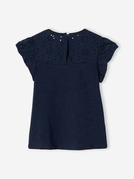 T-shirt fille avec détails broderie anglaise BLANC+bleu marine+corail+fuchsia+mauve+VERT PALE 