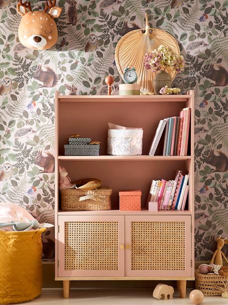 Kinder Bücherregal mit Rattan POESIE - rosa/natur, Zimmer und Aufbewahrung