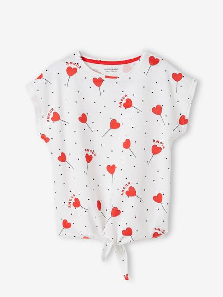 T-shirt imprimé fille avec noeud fantaisie blanc / rouge+écru+kaki+marine+rose mauve imprimé+vanille+vert 