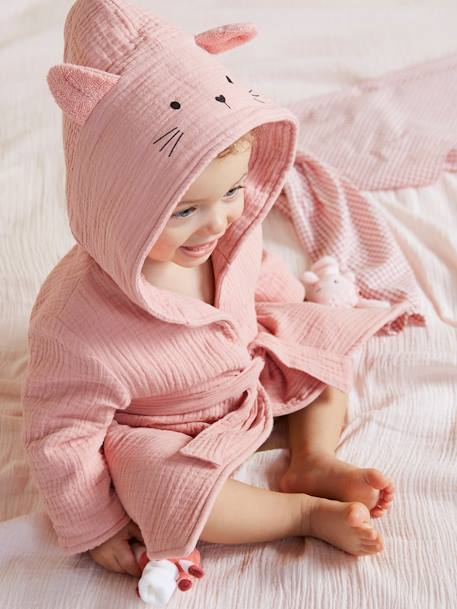 Peignoir bébé animal en gaze de coton bio* personnalisable ocre+rose+vert 