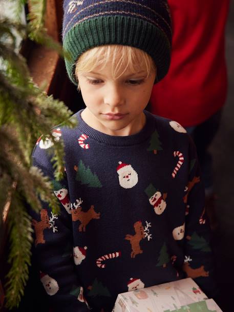 Jungen Weihnachts-Pullover, Jacquard-Motive DUNKELBLAU 