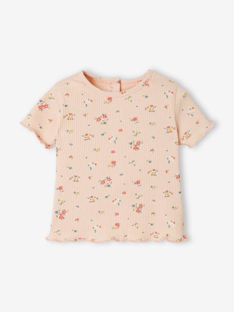 Geripptes Baby T-Shirt mit Blumenprint altrosa bedruckt+senfgelb bedruckt 