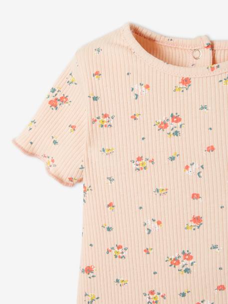 Geripptes Baby T-Shirt mit Blumenprint altrosa bedruckt+senfgelb bedruckt 