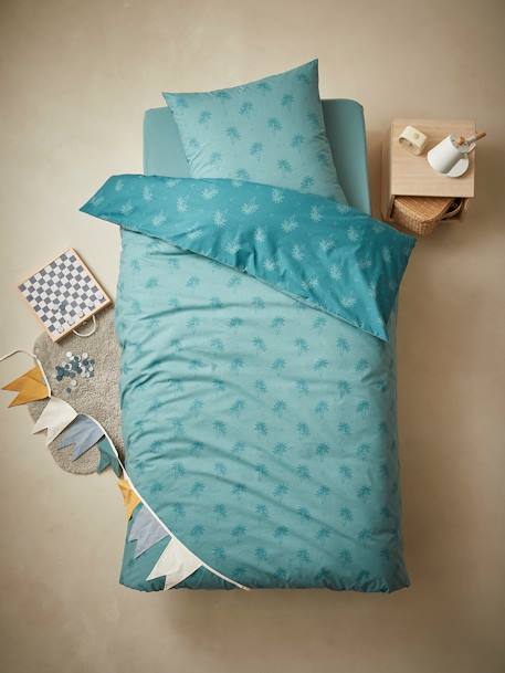 Parure de fourre de duvet + taie d'oreiller enfant PALMIERS bleu vert+terracotta 